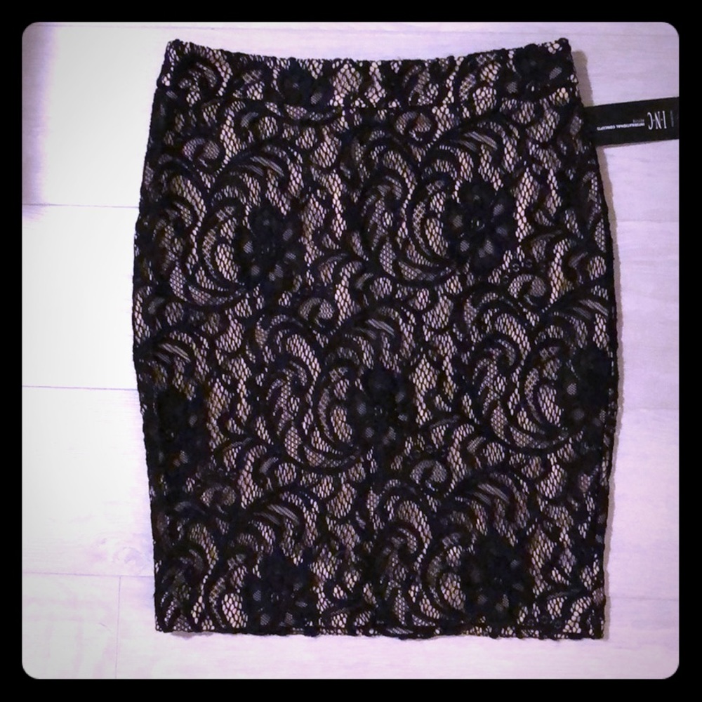 NWT Black & Tan Lace Pencil Skirt by INC Sz 4P